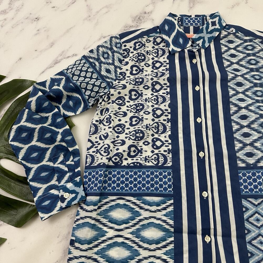 Vilagallo Womens Button Up Top Size 40 M Blue Ikat Stripe Mixed Print Light - Picture 4 of 13